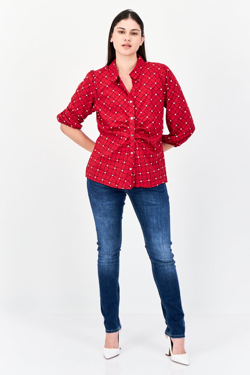 ADRIENNE VITTADINI Women Spread Collar 3/4 Sleeve Allover Print Blouse, Red - Image 4