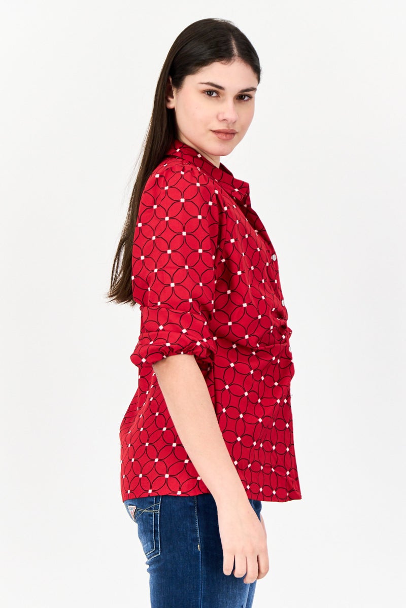 ADRIENNE VITTADINI Women Spread Collar 3/4 Sleeve Allover Print Blouse, Red - Image 2
