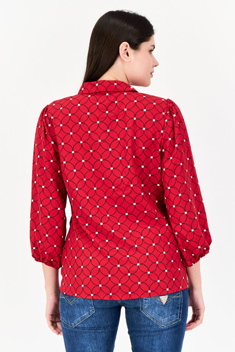 ADRIENNE VITTADINI Women Spread Collar 3/4 Sleeve Allover Print Blouse, Red - Image 3