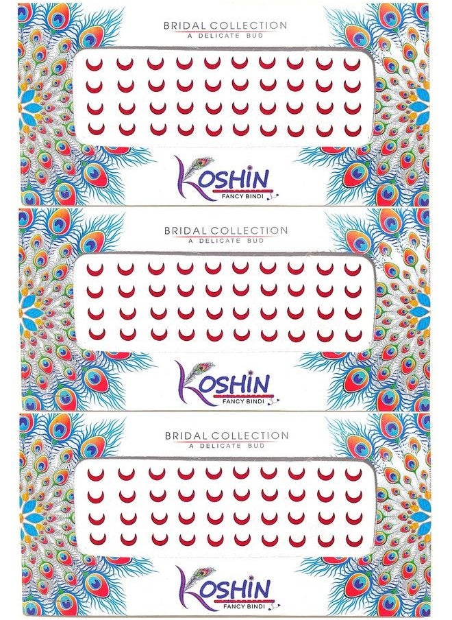 KOSHIN - Red Half Moon Shape Medium Size (Per Bindi Height 6 Mm X Width 7 Mm) Forehead Bindi For Girls Women Ladies Pack Of 3 (Red Chand Bindi) - Image 1