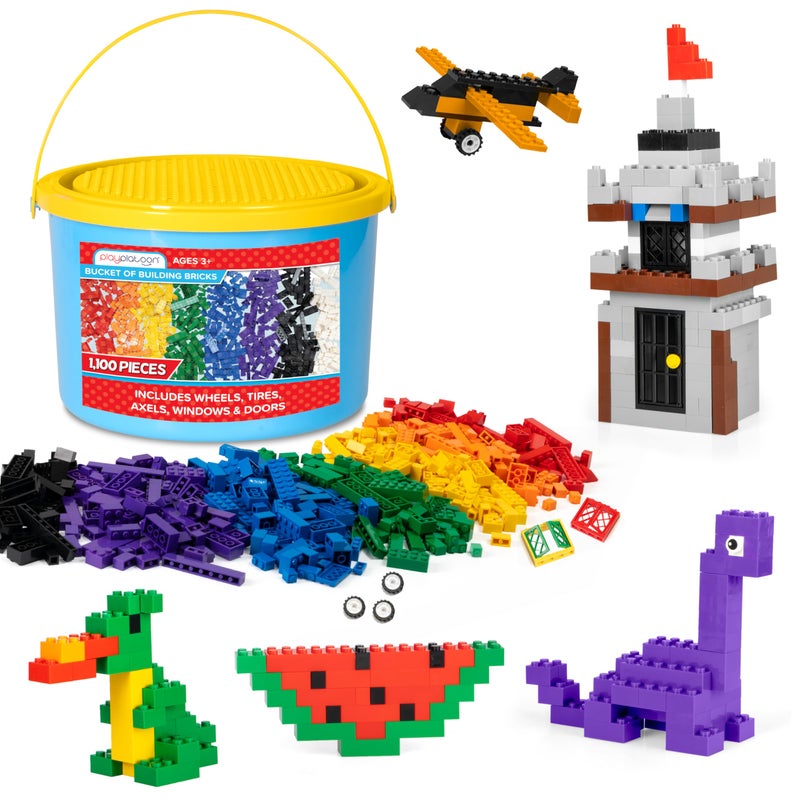 Play Platoon 1100 Pieces Building Bricks Set 10 Classic Color Blocks Bulk Building Blocks Compatible with Major Brands 14 Different Shape Bricks Includes Wheels Tires Axles Windows Door - Image 3