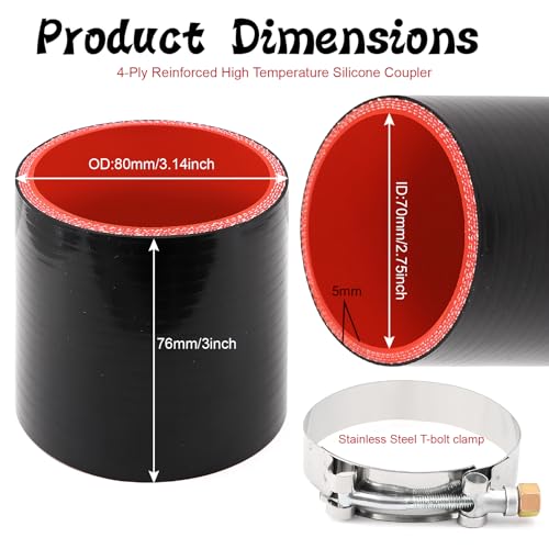 TuoLauthon ID 2-3/4 Inch(70mm) High Temperature 4-Ply Reinforced Straight Silicone Hose Performance Coupler, Length 3 Inch with 2Pcs T-Bolt Clamps Suitable High Level Turbo Pipe Connecting - Image 2