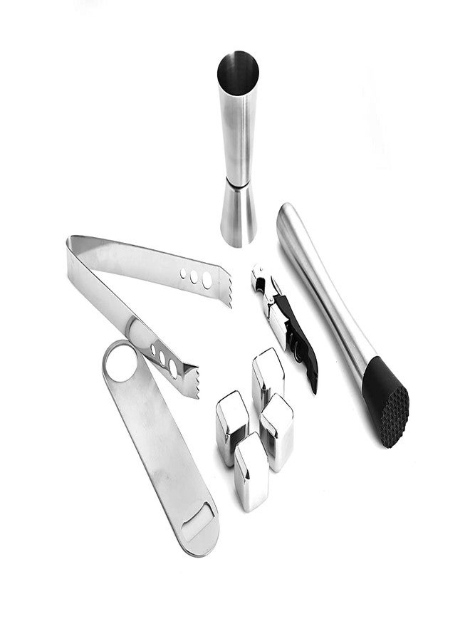 Skitch® 6 Pieces Professional Barware Combo - Cocktail & Mocktail Mixer Bar Set for Gift - Muddler, Bottle Opener, Peg Measure, Ice Cubes| Silver, Cocktail Set - Image 1