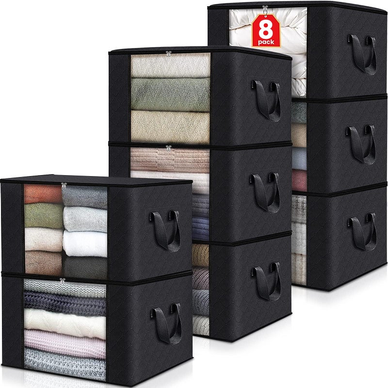 Fab totes 8 Pack Clothes Storage Foldable Thick Fabric Blanket Storage Bags Containers for Organizing Bedroom Closet Clothing ComforterCloset Organization with HandleBlack