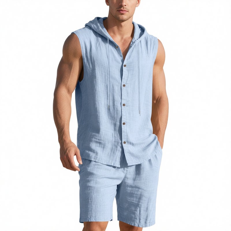 Men's Linen Hooded Vest and Shorts Set Casual Summer Outfit - Image 1