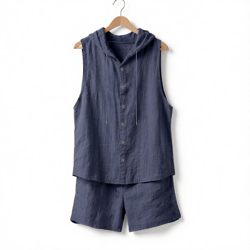 Men's Linen Hooded Vest and Shorts Set Casual Summer Outfit - Image 2