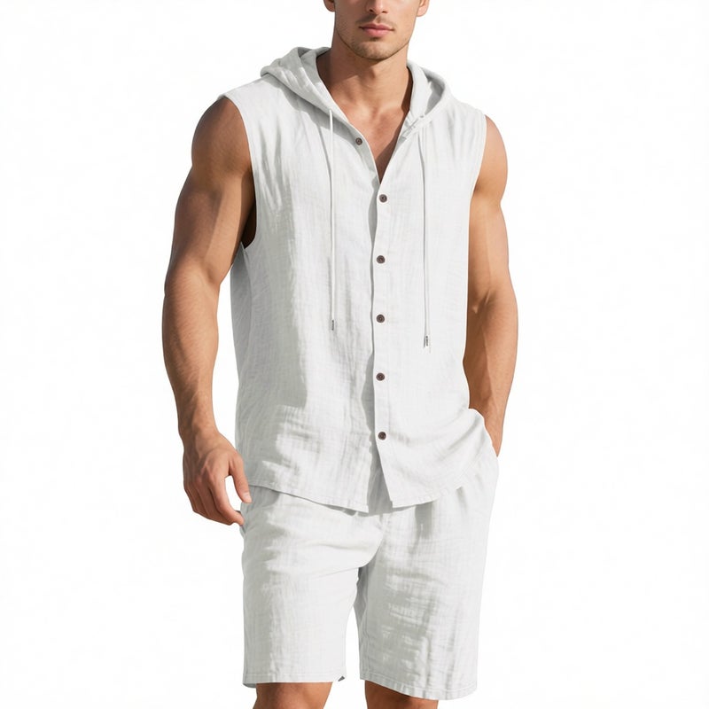 Men's Linen Hooded Vest and Shorts Set Casual Summer Outfit - Image 5