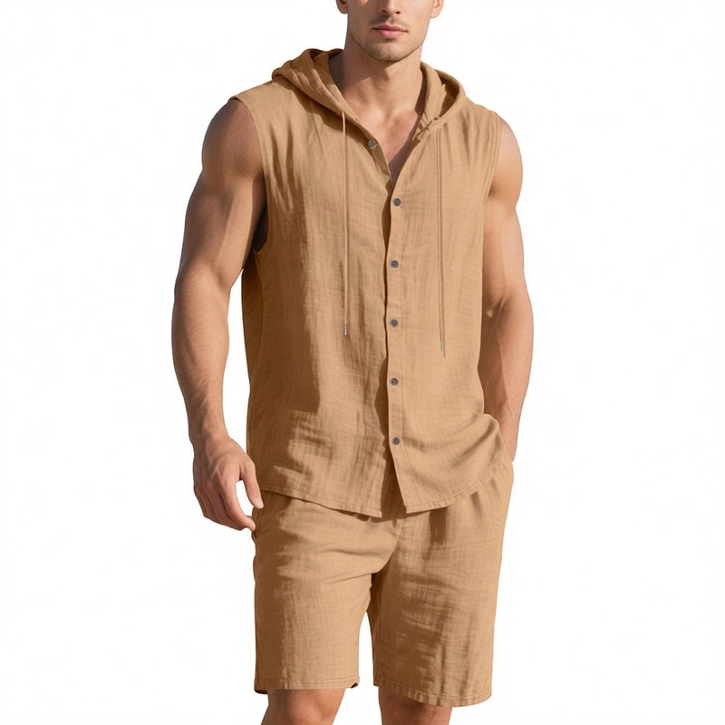 Men's Linen Hooded Vest and Shorts Set Casual Summer Outfit - Image 4