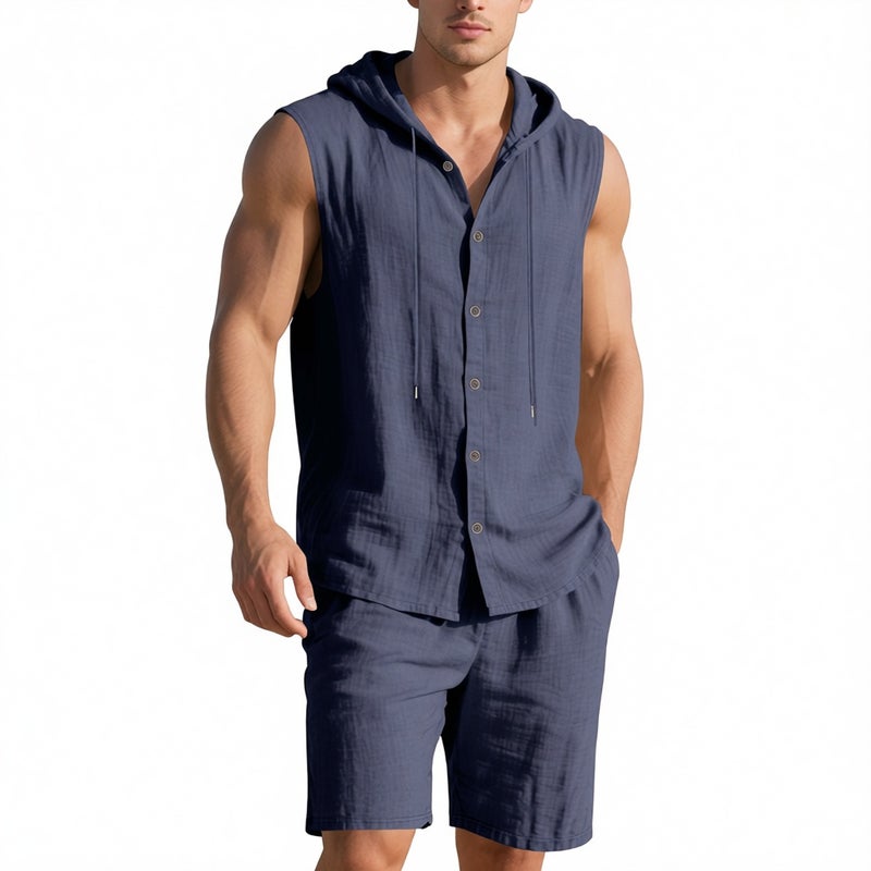 Men's Linen Hooded Vest and Shorts Set Casual Summer Outfit - Image 3
