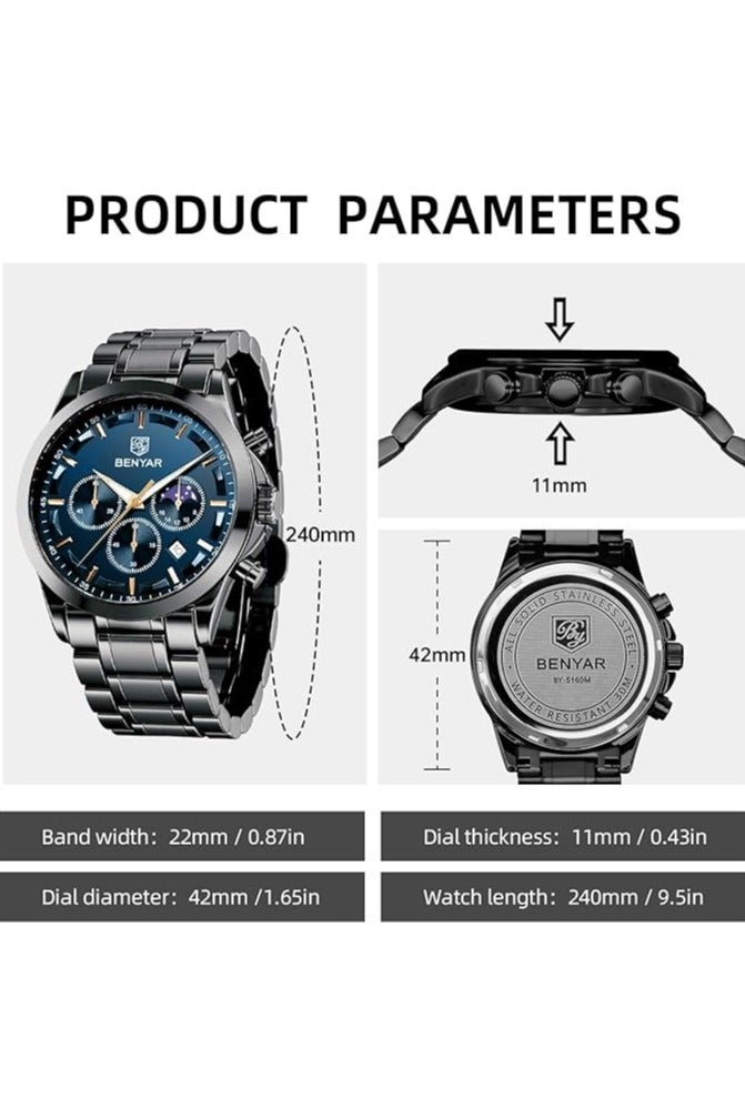 BENYAR Mens Watches Multifunction Chronograph Date Quartz Watch for Men Stainless Steel Band Wrist Watch Gift for Men Casual Business - Image 5