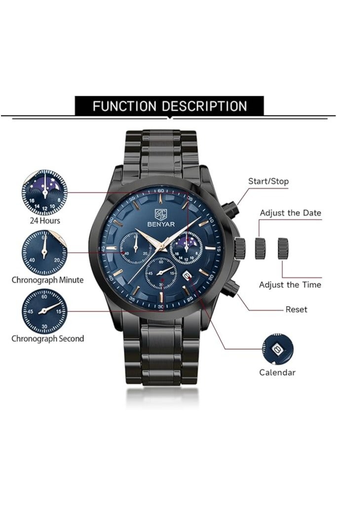 BENYAR Mens Watches Multifunction Chronograph Date Quartz Watch for Men Stainless Steel Band Wrist Watch Gift for Men Casual Business - Image 4