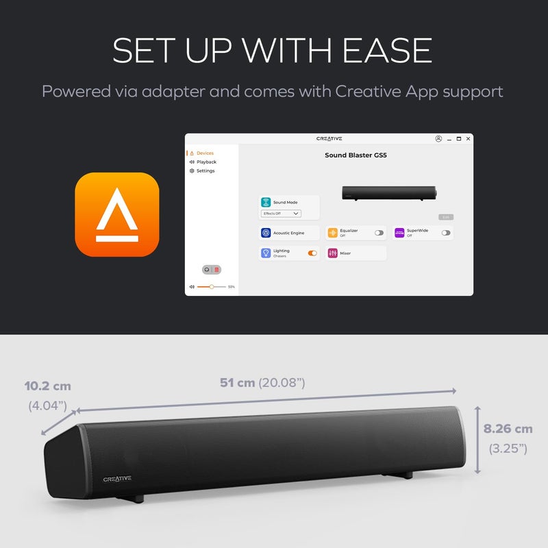 Creative Sound Blaster GS5 RGB Gaming Soundbar with SuperWide Technology, Powered via Adapter, Up to 60W Peak Power, Bluetooth 5.4, Optical-in, Headphone-Out Port, for PC and TV - Image 5