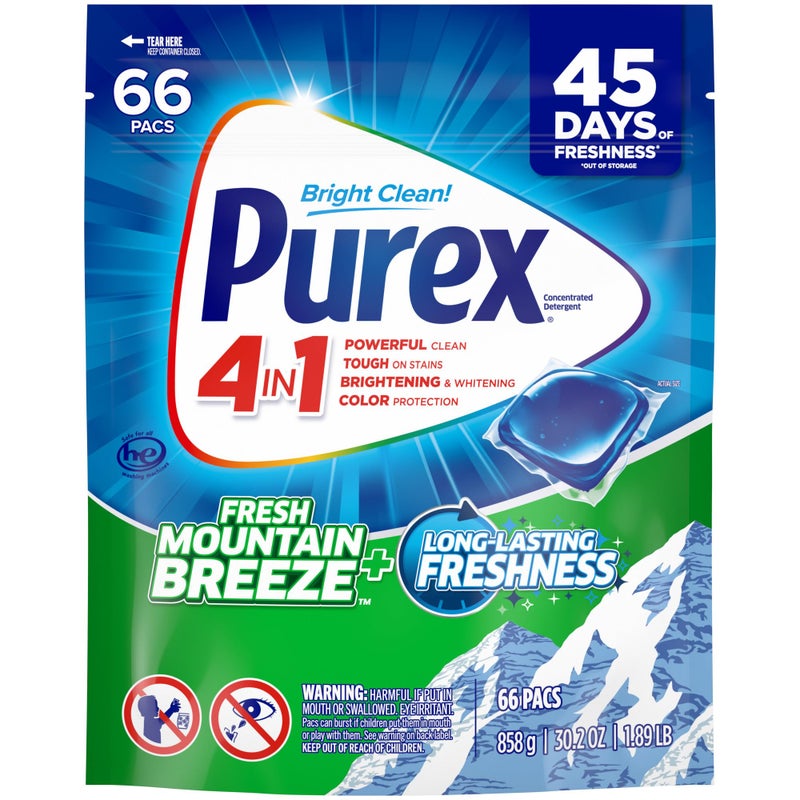 Purex بوراكس 4 في 1 أكياس منظف الغسيل، رائحة الجبل، 66 حبة، تفتيح وتبييض، تنظيف قوي، فعال ضد البقع، انتعاش إضافي - Image 1