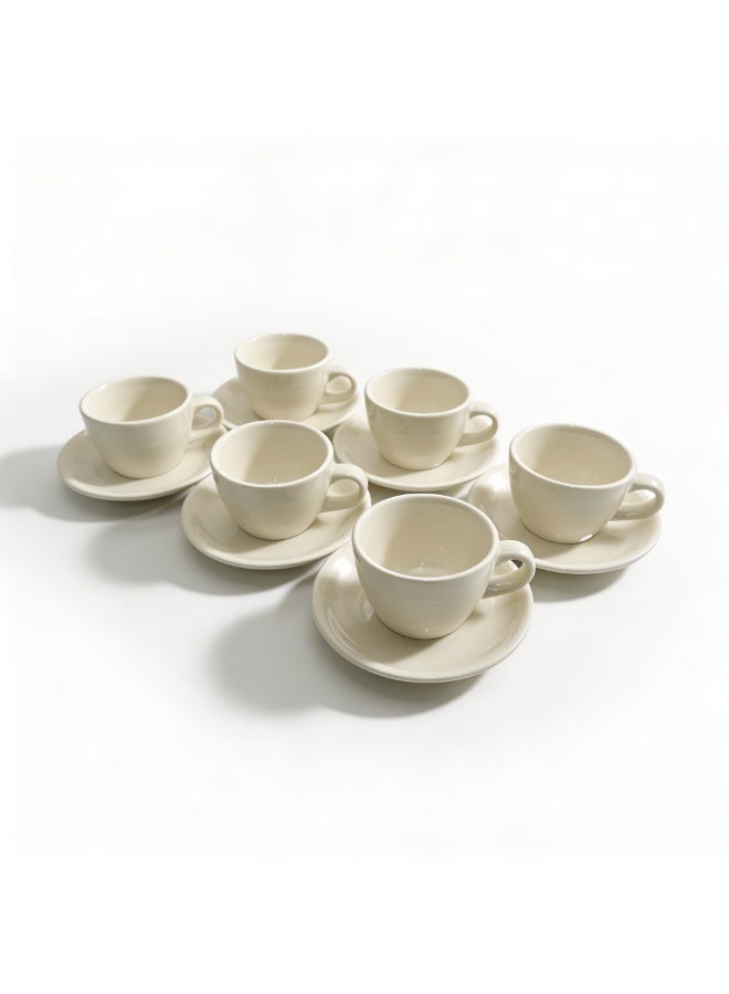 أكمي طقم أكواب وصحون سيراميك أبيض كلاسيكي من ACME سعة 250 مل – 6 أكواب و6 صحون بلمسة لامعة، مثالي للإسبريسو والكابتشينو والشاي، آمن للاستخدام في الميكروويف وغسالة الصحون، مصنوع من سيراميك متين للاستخدام في المنزل والمكتب والمطبخ والمقاهي. - Image 1