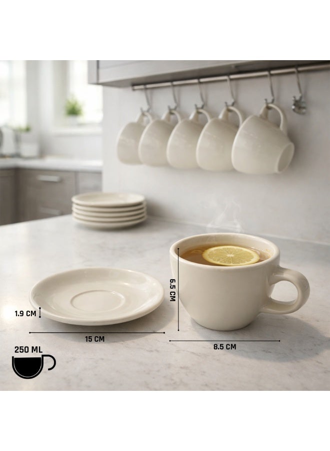 أكمي طقم أكواب وصحون سيراميك أبيض كلاسيكي من ACME سعة 250 مل – 6 أكواب و6 صحون بلمسة لامعة، مثالي للإسبريسو والكابتشينو والشاي، آمن للاستخدام في الميكروويف وغسالة الصحون، مصنوع من سيراميك متين للاستخدام في المنزل والمكتب والمطبخ والمقاهي. - Image 2