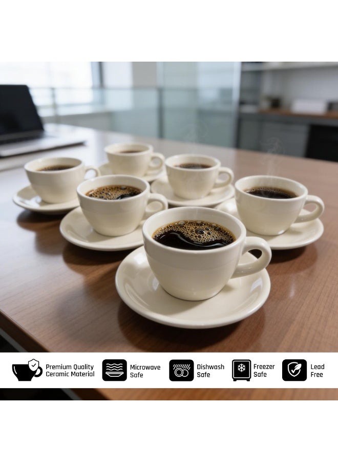 أكمي طقم أكواب وصحون سيراميك أبيض كلاسيكي من ACME سعة 250 مل – 6 أكواب و6 صحون بلمسة لامعة، مثالي للإسبريسو والكابتشينو والشاي، آمن للاستخدام في الميكروويف وغسالة الصحون، مصنوع من سيراميك متين للاستخدام في المنزل والمكتب والمطبخ والمقاهي. - Image 3