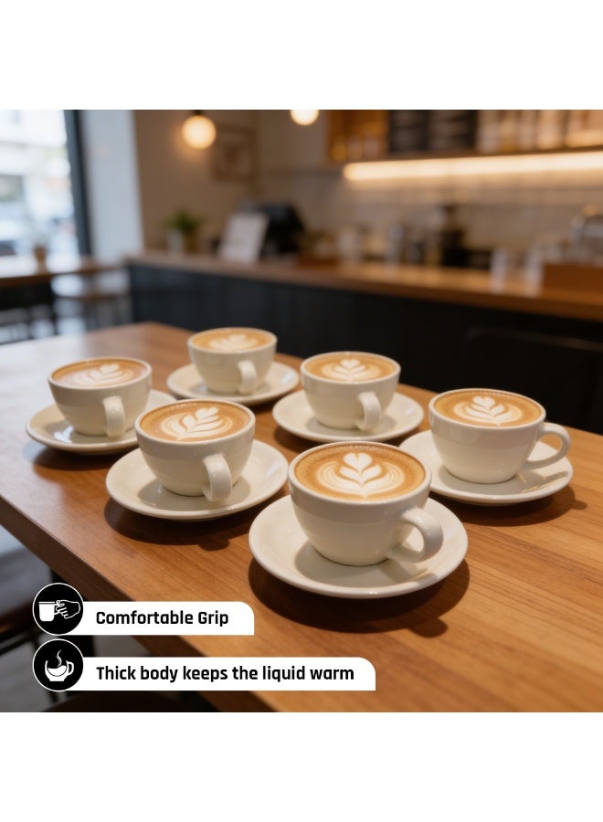 أكمي طقم أكواب وصحون سيراميك أبيض كلاسيكي من ACME سعة 250 مل – 6 أكواب و6 صحون بلمسة لامعة، مثالي للإسبريسو والكابتشينو والشاي، آمن للاستخدام في الميكروويف وغسالة الصحون، مصنوع من سيراميك متين للاستخدام في المنزل والمكتب والمطبخ والمقاهي. - Image 4