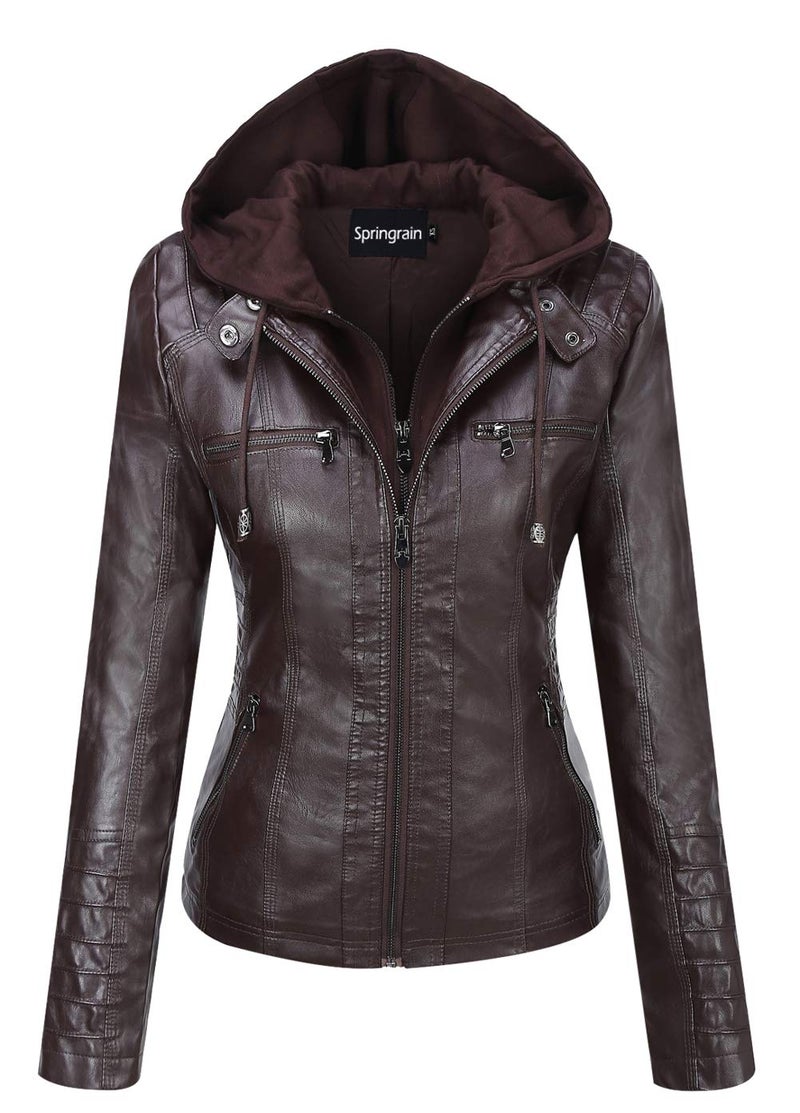 Springrain Womens Faux Leather Jacket Moto Biker Coat with Detachable Hood Motorcycle Jacket XXLarge Coffee - Image 2