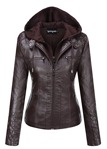 Springrain Womens Faux Leather Jacket Moto Biker Coat with Detachable Hood Motorcycle Jacket XXLarge Coffee - Image 1