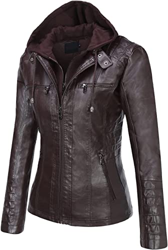 Springrain Womens Faux Leather Jacket Moto Biker Coat with Detachable Hood Motorcycle Jacket XXLarge Coffee - Image 3