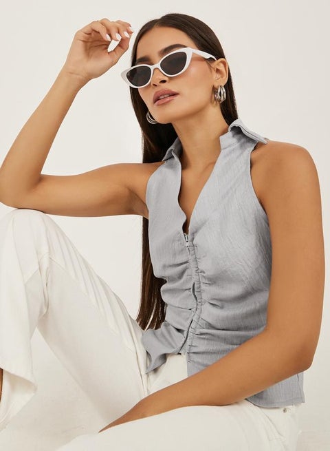 Styli Sleeveless Spread Collar Shirt with Ruched Details