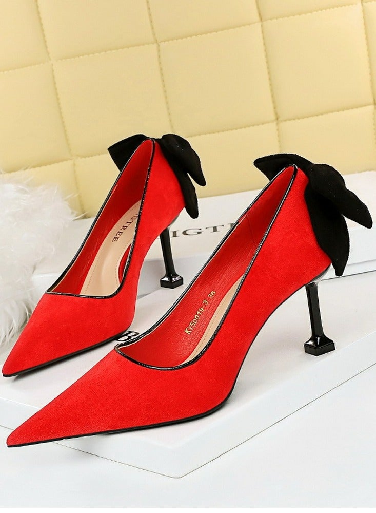 BIGTREE Women's Elegant Velour Stiletto Pumps With Bow Knot 8 CM Fashion Gorgeous Closed Pointed Toe Slip On Solid High Heels Red