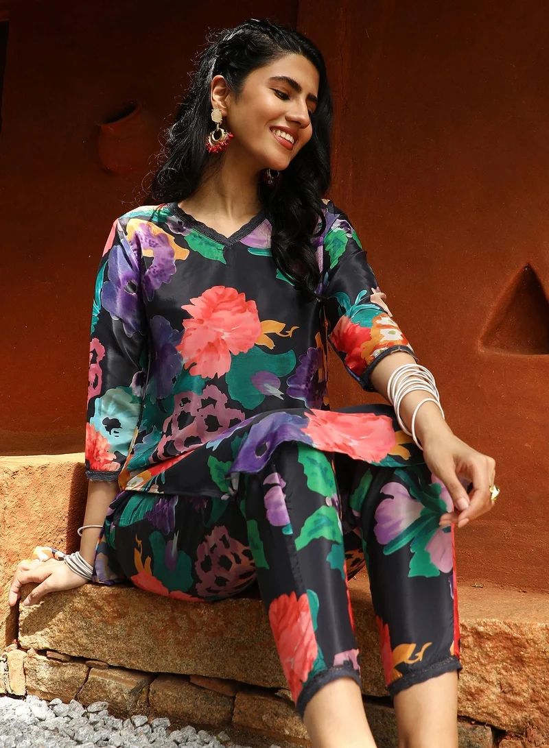 QISSA Women's Midnight Black Botanical Cluster Kurti With Trousers