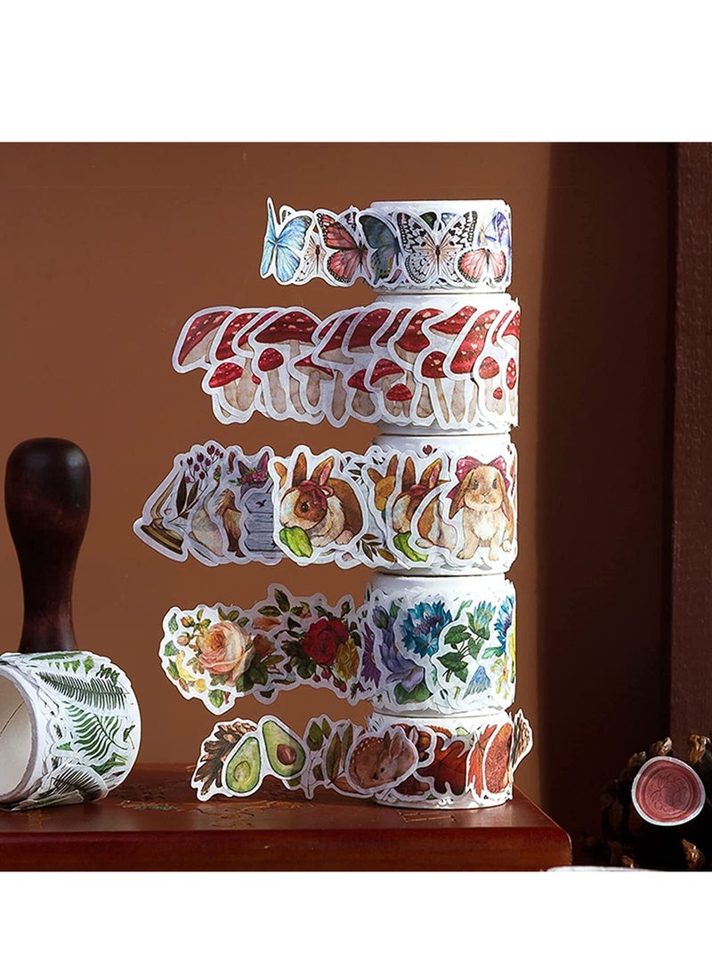 Excefore 600pcs Washi Tape Stickers Roll, 6 Roll Vintage Washi Tape, Decorative Butterfly Flower Animal Leaves Mushroom, Scrapbook Stickers for Art DIY Diary Planner, Colorful Aesthetic Stickers - Image 2