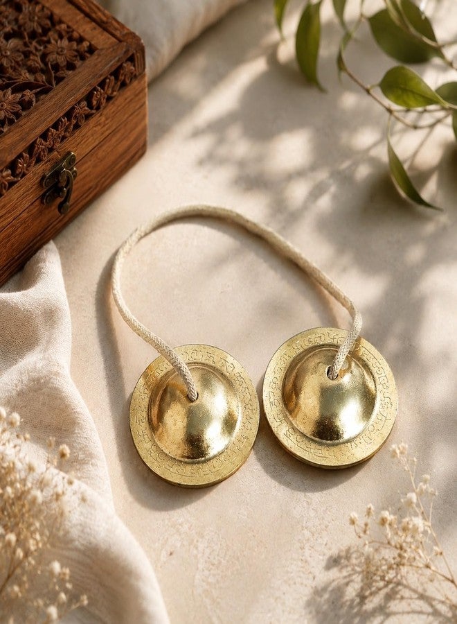Pure Source India Manjeera Jhal For Pooja, Home, Temple & Kirtan Use- kartal instrument-Hand Cymbals Manjira Pair (2.5 INCH - Antique Gold) (50 gm- 1 Pair) - Image 1