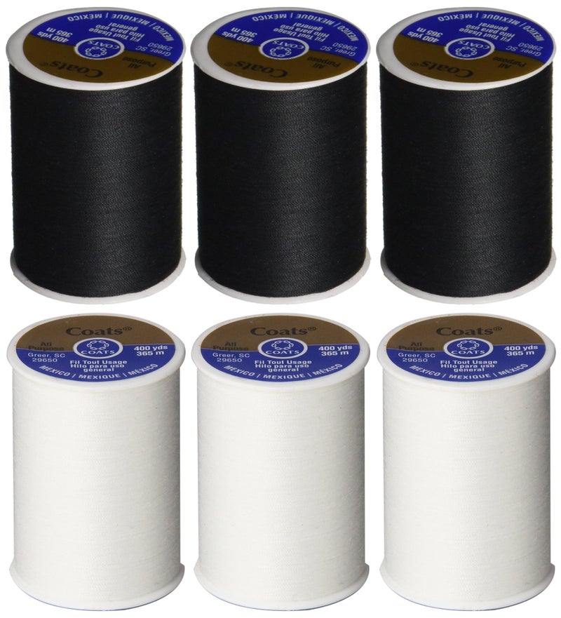 Coats & Clark Inc. 6 Pack Bundle  3 Black  3 White  Coats  Clark Dual Duty AllPurpose Thread  Three 400 Yard Spools each of BLACK  White