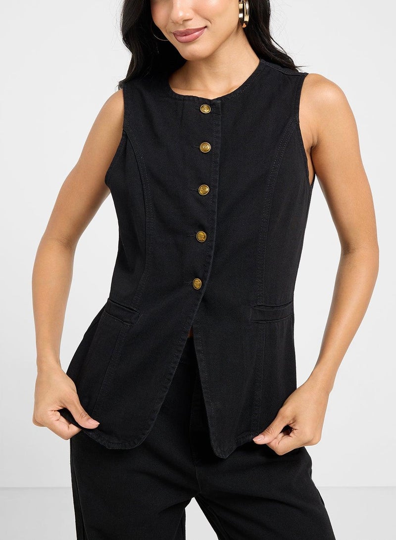 Ginger Button Up Denim Vest & Wide Fit Jeans Coord Set - Image 3