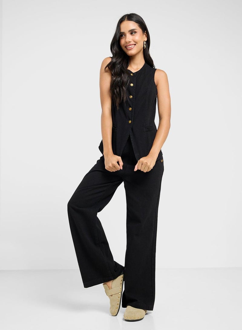 Ginger Button Up Denim Vest & Wide Fit Jeans Coord Set - Image 5