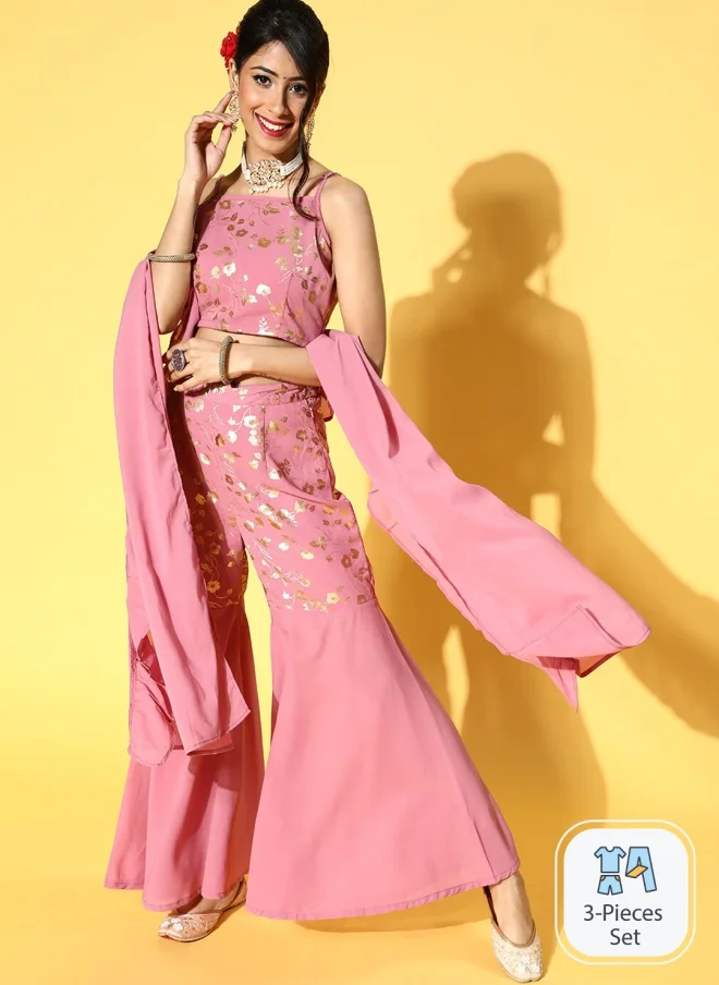 أيه كيه إس Pink Floral Foil Printed Ethnic Co-Ord Set for Women