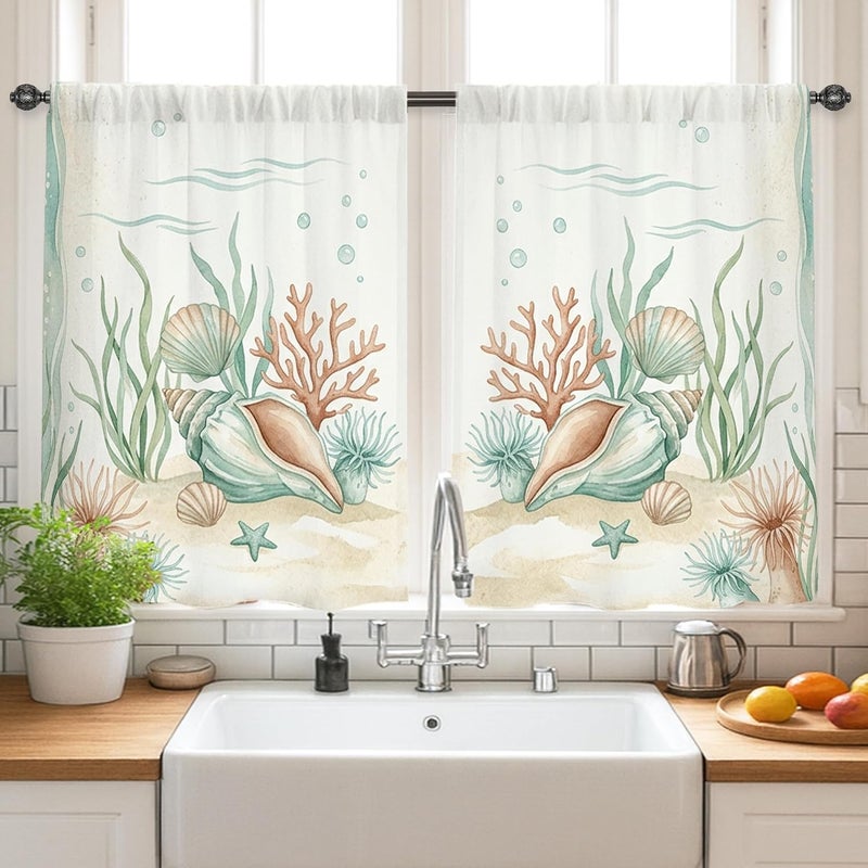 Seashell Kitchen Curtains, Coastal Natural Coral Seaweed Summer Aquatic Blue Kitchen Drapes for Windows Window Decoration for Dining Room Breakfast Nook Sink Area 26x36 Inch - Image 2