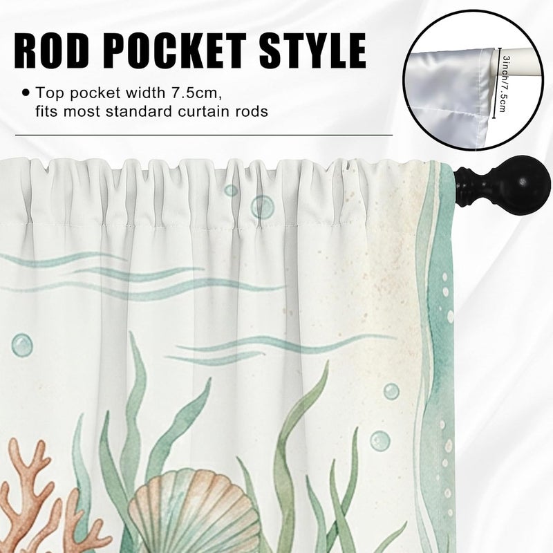 Seashell Kitchen Curtains, Coastal Natural Coral Seaweed Summer Aquatic Blue Kitchen Drapes for Windows Window Decoration for Dining Room Breakfast Nook Sink Area 26x36 Inch - Image 5