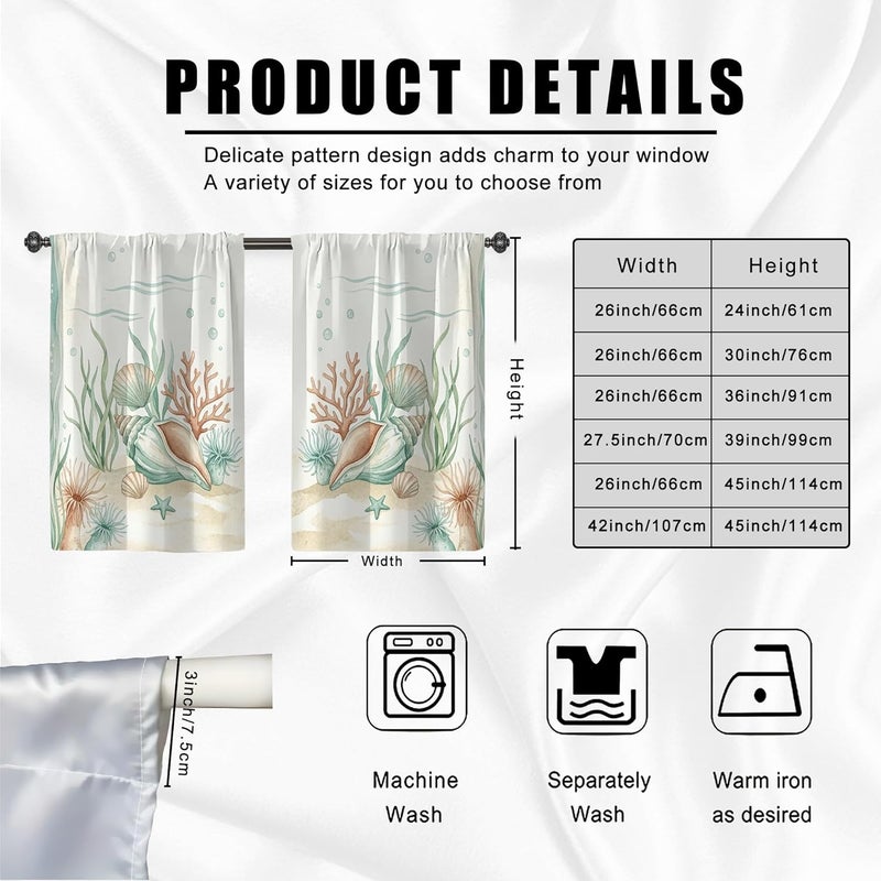 Seashell Kitchen Curtains, Coastal Natural Coral Seaweed Summer Aquatic Blue Kitchen Drapes for Windows Window Decoration for Dining Room Breakfast Nook Sink Area 26x36 Inch - Image 3