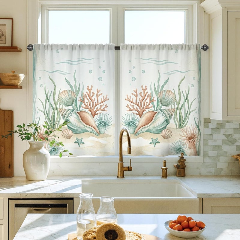 Seashell Kitchen Curtains, Coastal Natural Coral Seaweed Summer Aquatic Blue Kitchen Drapes for Windows Window Decoration for Dining Room Breakfast Nook Sink Area 26x36 Inch - Image 1