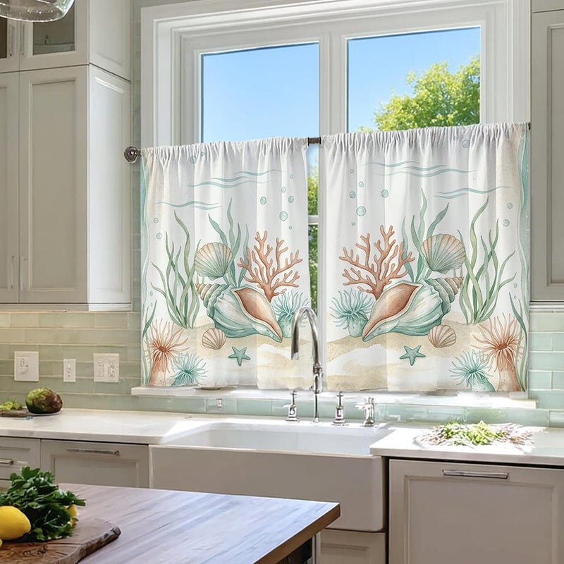 Seashell Kitchen Curtains, Coastal Natural Coral Seaweed Summer Aquatic Blue Kitchen Drapes for Windows Window Decoration for Dining Room Breakfast Nook Sink Area 26x36 Inch - Image 4