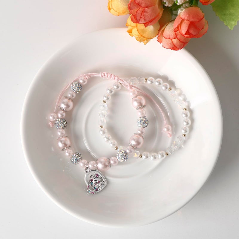 DS 4PCS Beaded Charm Bracelets for Teen Girls Dainty cute cartoon Crystal Beads Pearl Bracelets anklets set for woman and girls Adjustable Stretch bracelet birthday Gift For Friends (Pink Pony 1) - Image 2