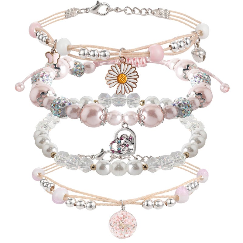DS 4PCS Beaded Charm Bracelets for Teen Girls Dainty cute cartoon Crystal Beads Pearl Bracelets anklets set for woman and girls Adjustable Stretch bracelet birthday Gift For Friends (Pink Pony 1) - Image 1