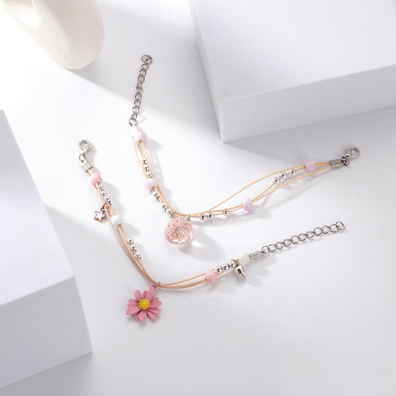 DS 4PCS Beaded Charm Bracelets for Teen Girls Dainty cute cartoon Crystal Beads Pearl Bracelets anklets set for woman and girls Adjustable Stretch bracelet birthday Gift For Friends (Pink Pony 1) - Image 3