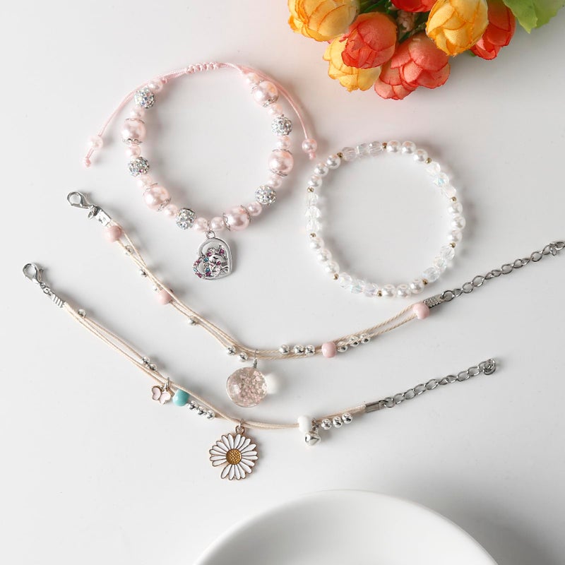 DS 4PCS Beaded Charm Bracelets for Teen Girls Dainty cute cartoon Crystal Beads Pearl Bracelets anklets set for woman and girls Adjustable Stretch bracelet birthday Gift For Friends (Pink Pony 1) - Image 4