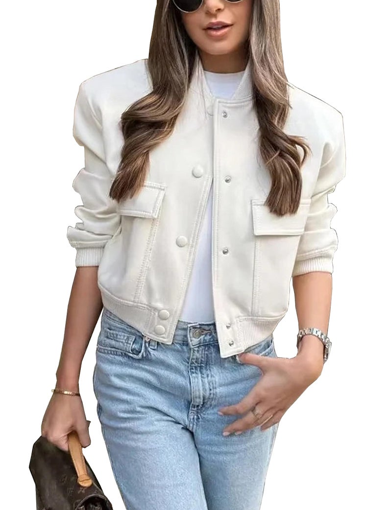 Lumister Women's Fashion Cropped Button Down Lightweight Cropped Bomber Jacket Varsity Shacket with Side Pockets(0605-Beige-XS) - Image 1