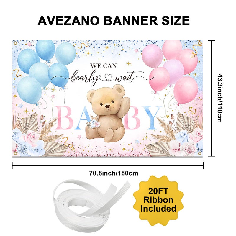 Avezano Boho Bear Gender Reveal Backdrop Banner Boho Floral We Can Bearly Wait Gender Reveal Decorations Pampas Grass He or She Baby Shower Party Decor (6x3.6ft) - Image 2