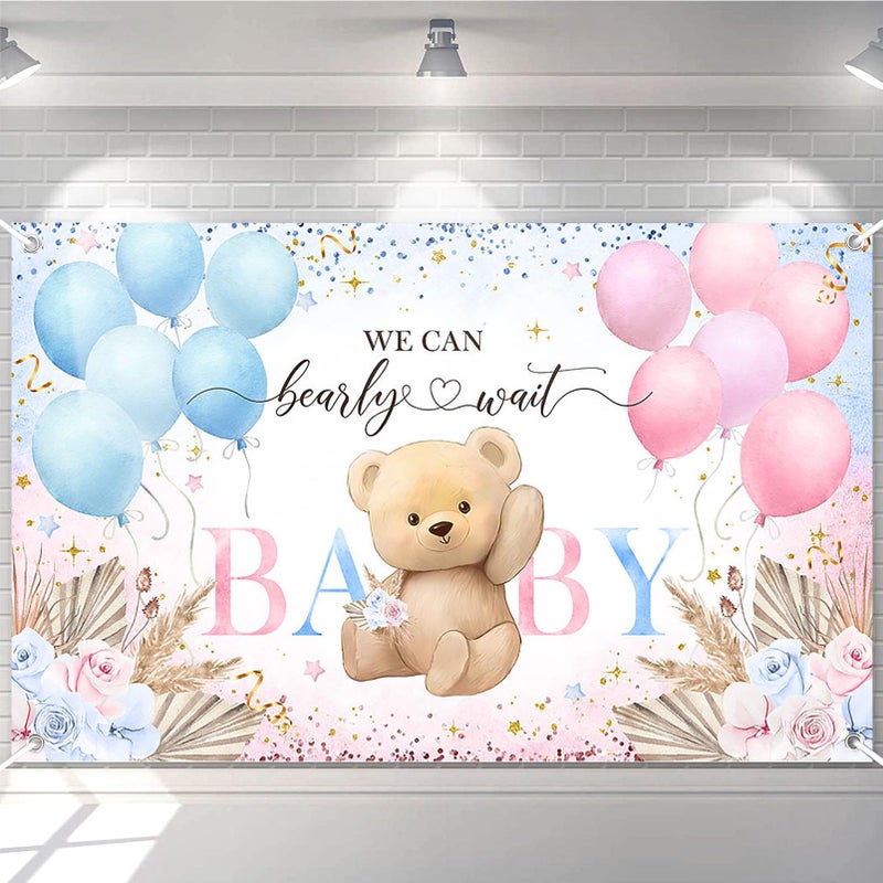 Avezano Boho Bear Gender Reveal Backdrop Banner Boho Floral We Can Bearly Wait Gender Reveal Decorations Pampas Grass He or She Baby Shower Party Decor (6x3.6ft) - Image 1