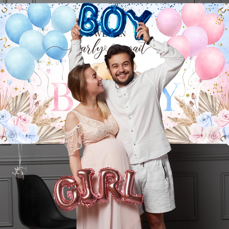 Avezano Boho Bear Gender Reveal Backdrop Banner Boho Floral We Can Bearly Wait Gender Reveal Decorations Pampas Grass He or She Baby Shower Party Decor (6x3.6ft) - Image 3
