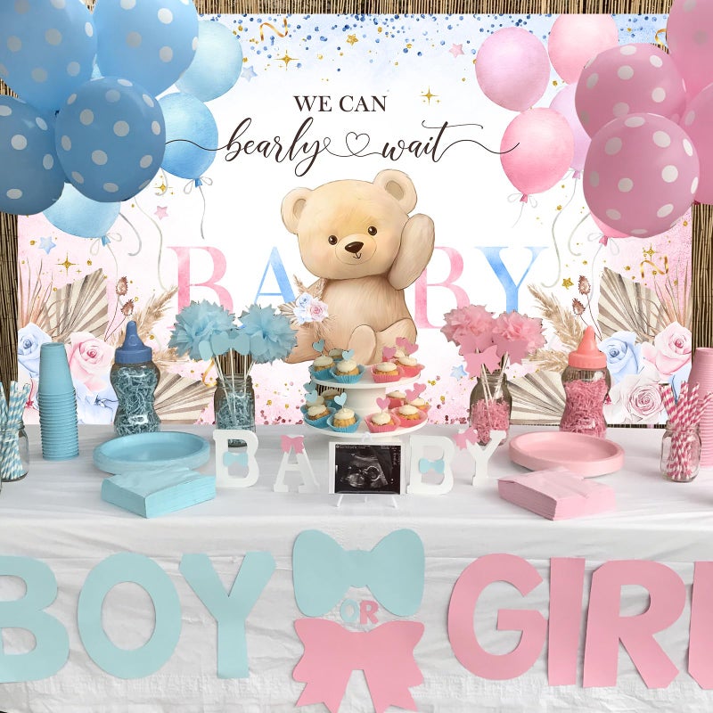 Avezano Boho Bear Gender Reveal Backdrop Banner Boho Floral We Can Bearly Wait Gender Reveal Decorations Pampas Grass He or She Baby Shower Party Decor (6x3.6ft) - Image 4