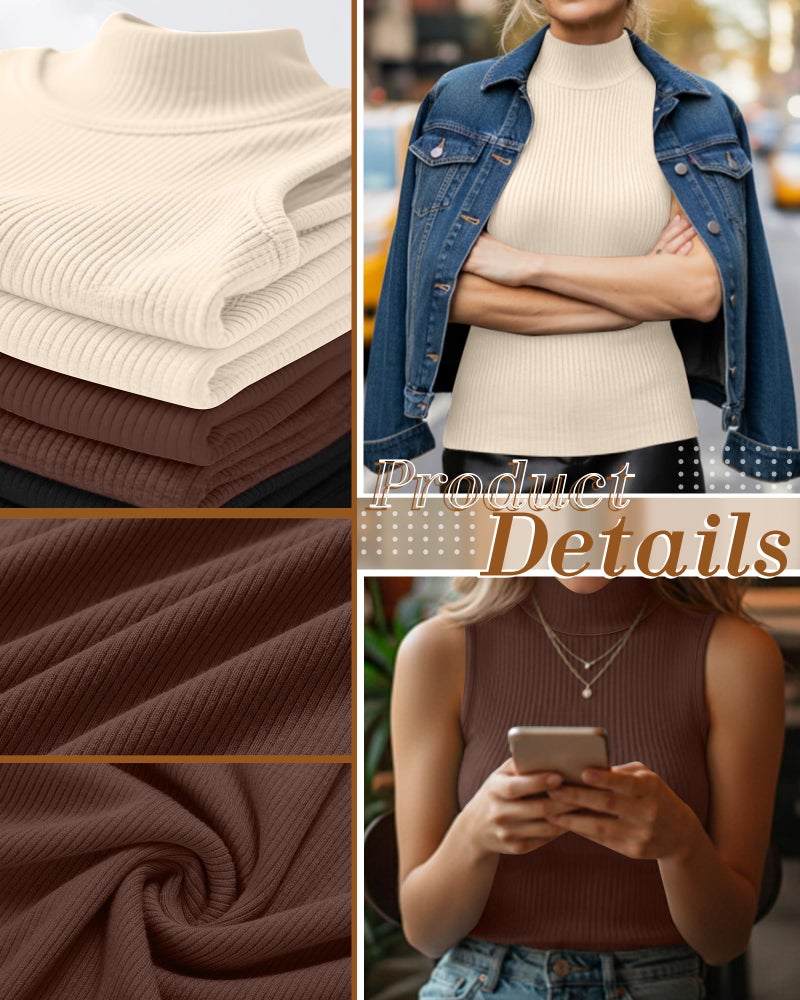 Ficerd 3 Pack Women's Sleeveless Mock Turtleneck Tank Tops Ribbed Knit Slim Fitted Stretchy Shirts Casual Layer Basic Tees(Black, Cream, Brown,L) - Image 4