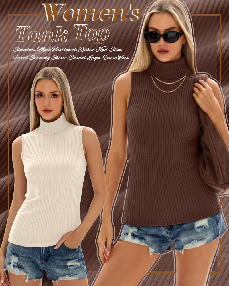 Ficerd 3 Pack Women's Sleeveless Mock Turtleneck Tank Tops Ribbed Knit Slim Fitted Stretchy Shirts Casual Layer Basic Tees(Black, Cream, Brown,L) - Image 5