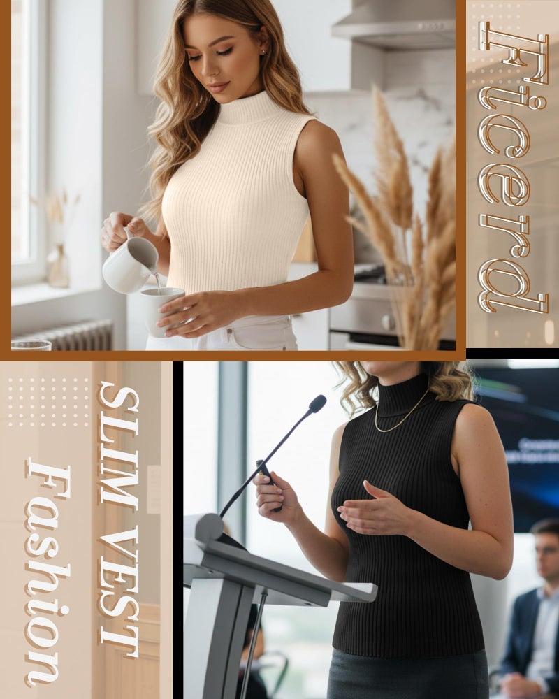 Ficerd 3 Pack Women's Sleeveless Mock Turtleneck Tank Tops Ribbed Knit Slim Fitted Stretchy Shirts Casual Layer Basic Tees(Black, Cream, Brown,L) - Image 2